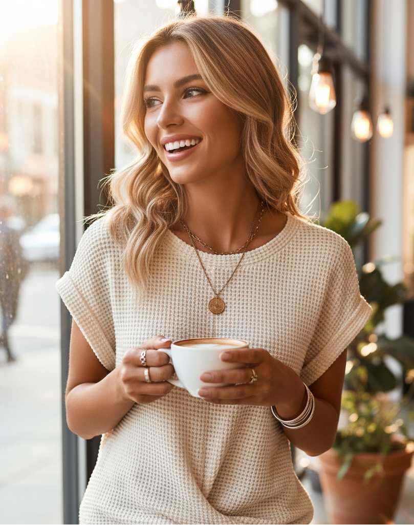 Woman holding a cup of coffee in an indoor setting