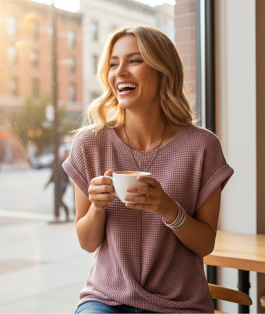 Woman holding a cup of coffee in a cafe setting
