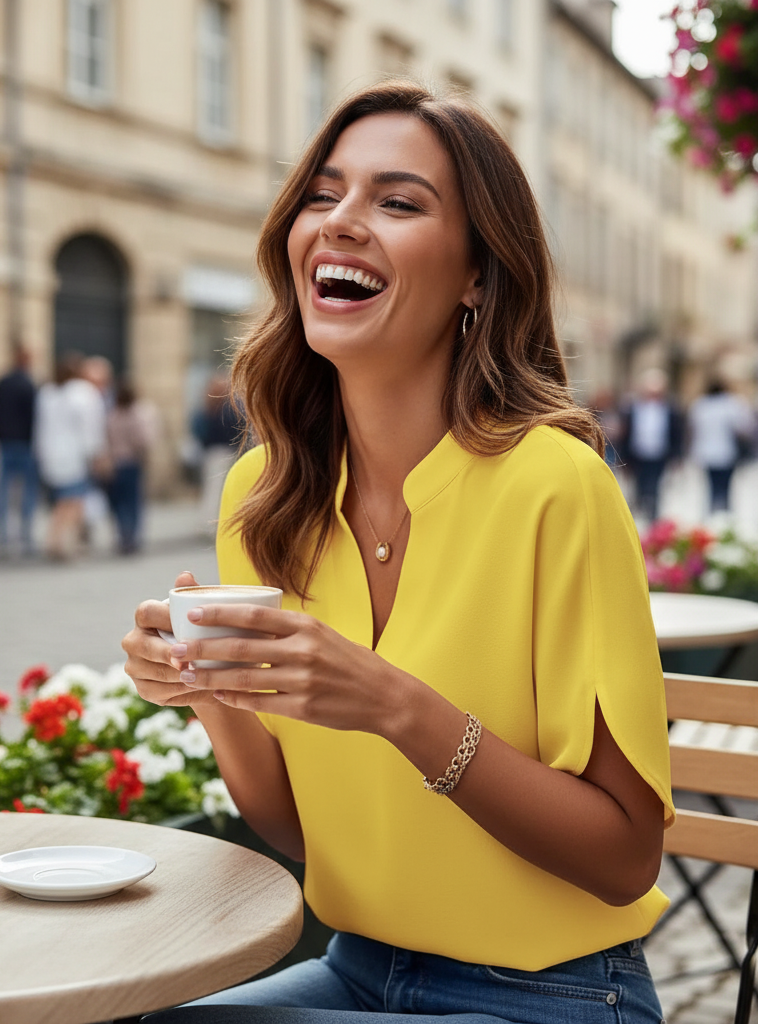 Woman in a yellow shirt holding a cup outdoors with a blurred background