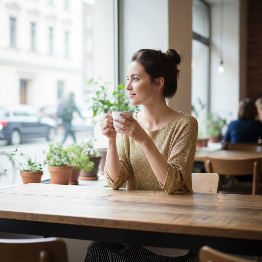 Woman sitting at a table in a cafe holding a cup