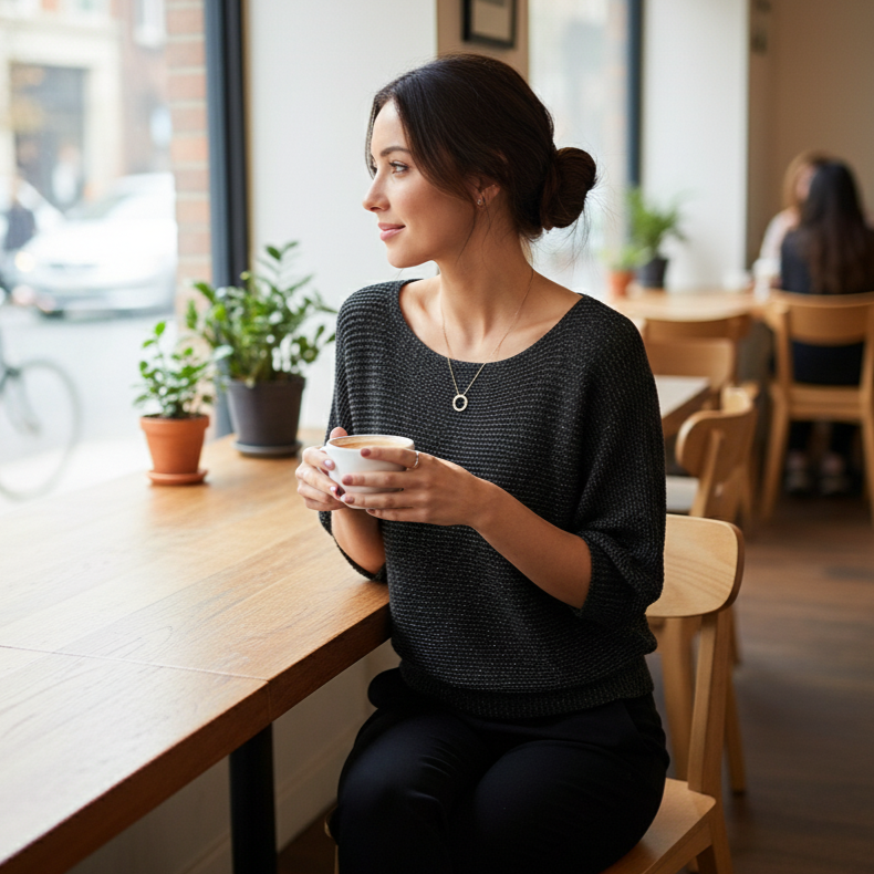 Woman sitting at a cafe table holding a cup, looking out the window.