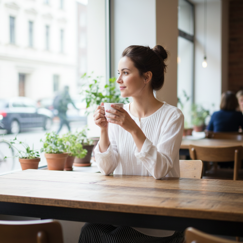 Woman sitting at a table in a cafe holding a mug