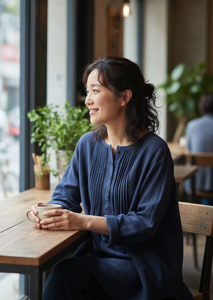 Woman sitting at a cafe table holding a mug, smiling.