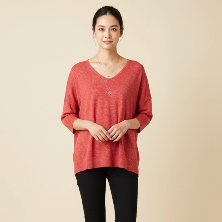 Woman wearing a red sweater and black pants on a beige background
