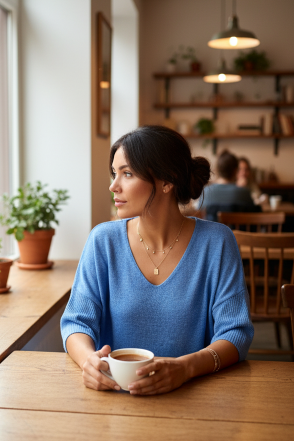 Woman in a blue sweater sitting at a wooden table in a cafe, holding a cup.