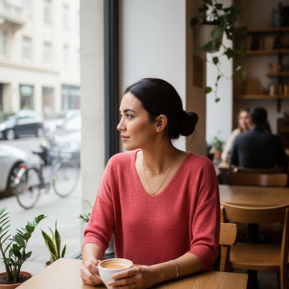 Woman in a red sweater sitting at a cafe table with a cup of coffee, looking out the window.