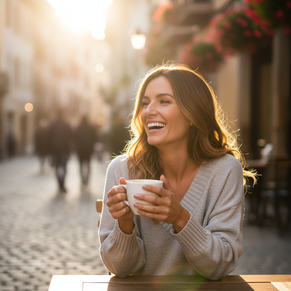 Woman holding a cup outdoors on a sunny street