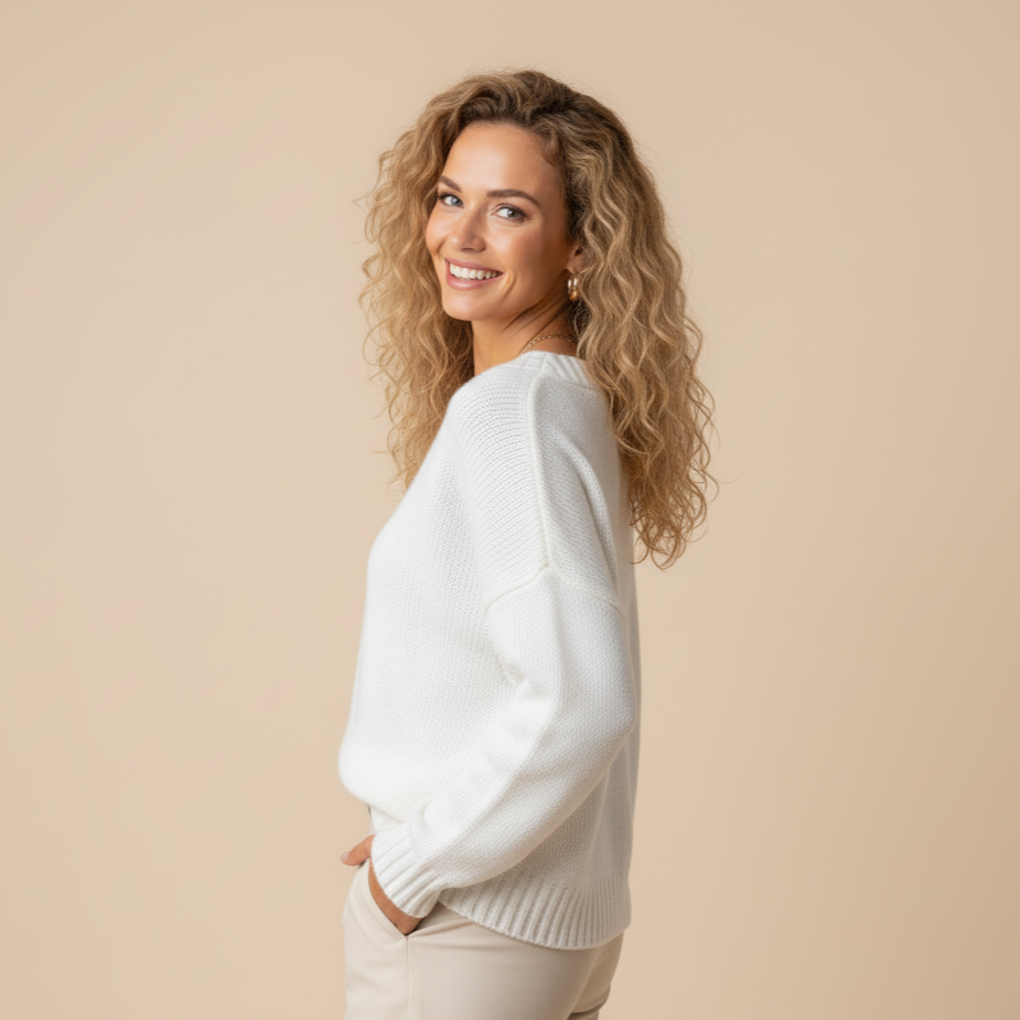 Woman wearing a white sweater and beige pants against a beige background