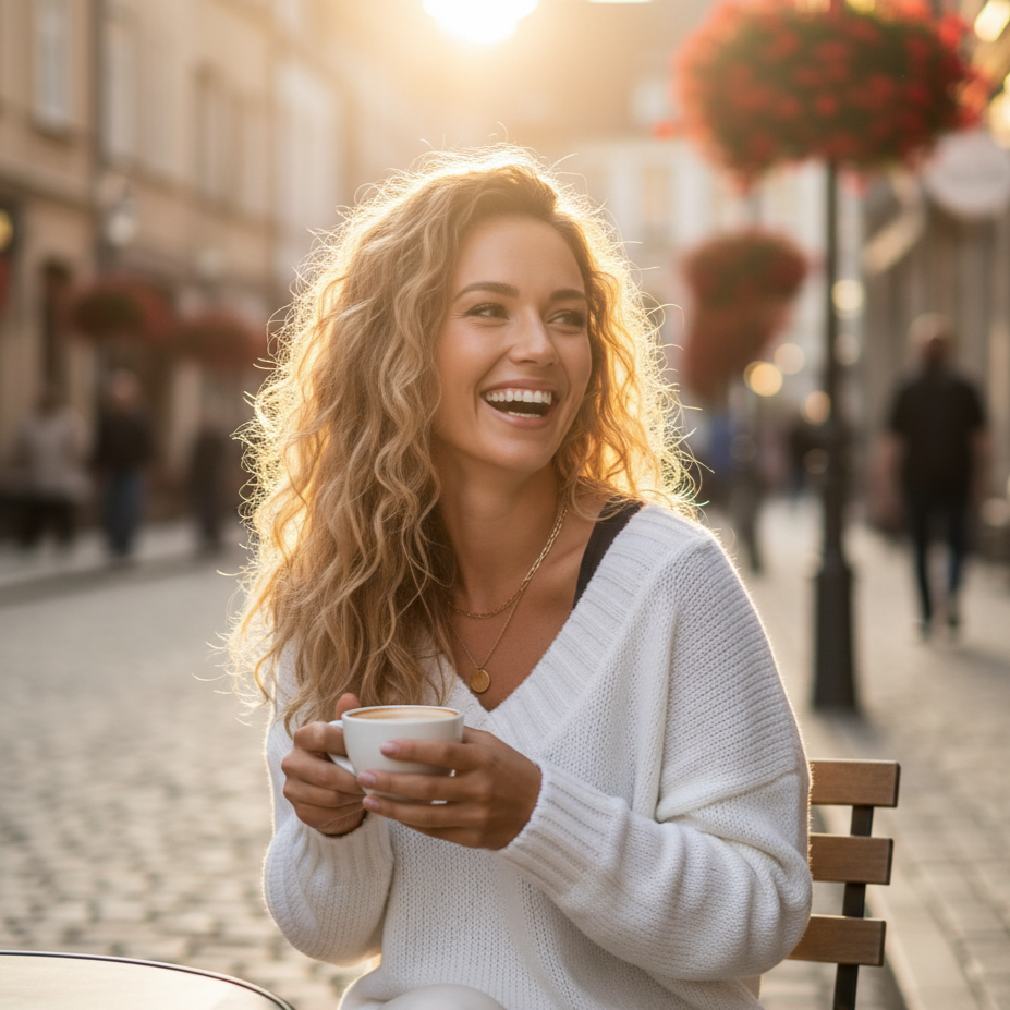 Woman in a white sweater holding a cup, sitting on a bench in an urban setting with sunlight.
