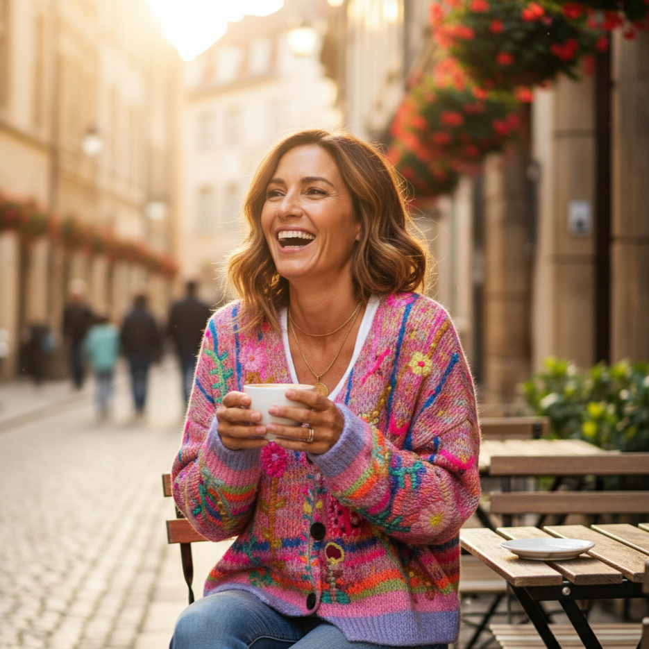 Woman in a colorful sweater sitting on a bench in an urban setting, holding a phone and smiling.