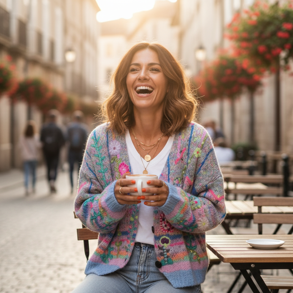 Woman sitting outdoors in a city street, holding a cup, with a colorful sweater and smiling.