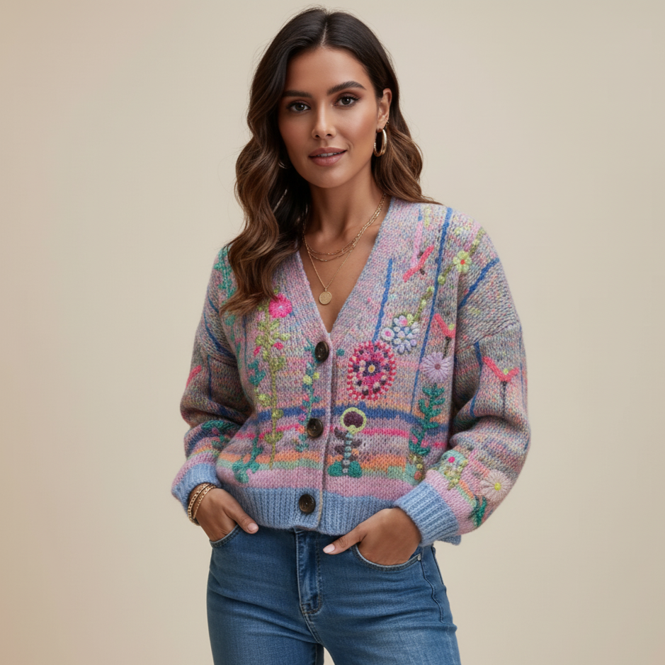 Woman wearing a colorful embroidered cardigan against a beige background