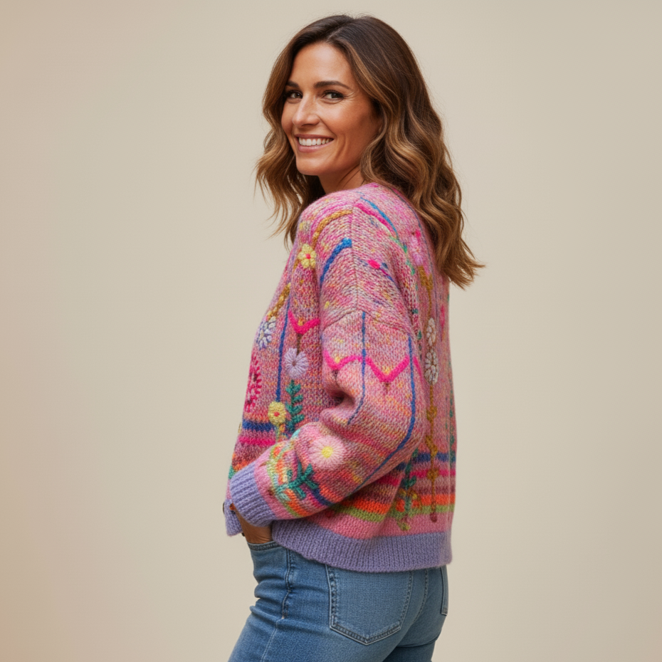 Woman wearing a colorful sweater with a neutral background