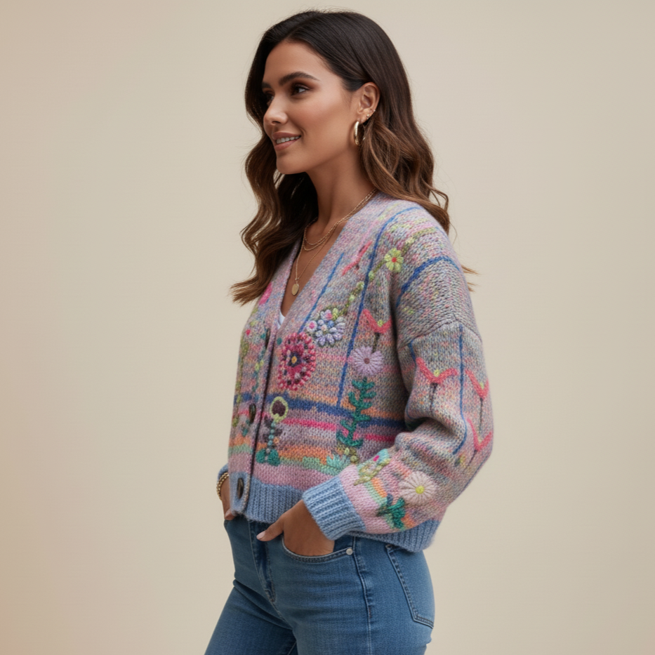 Woman wearing a colorful embroidered cardigan against a beige background
