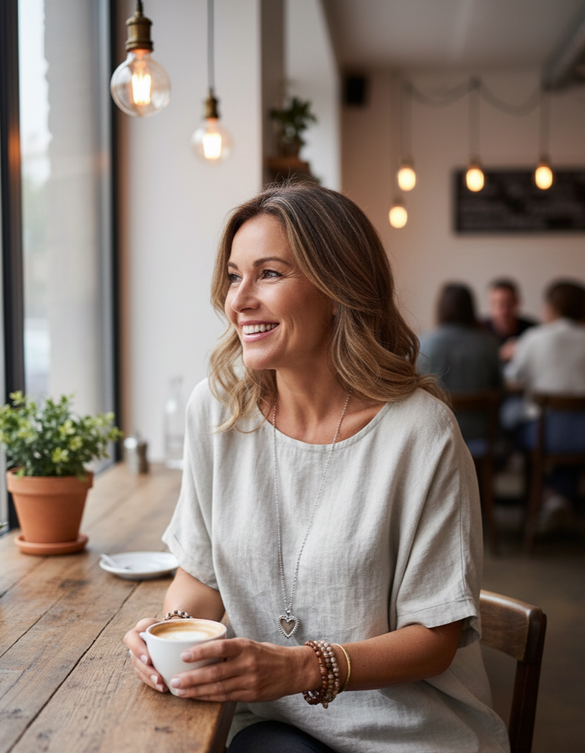 Woman sitting at a table in a cafe holding a cup, smiling.