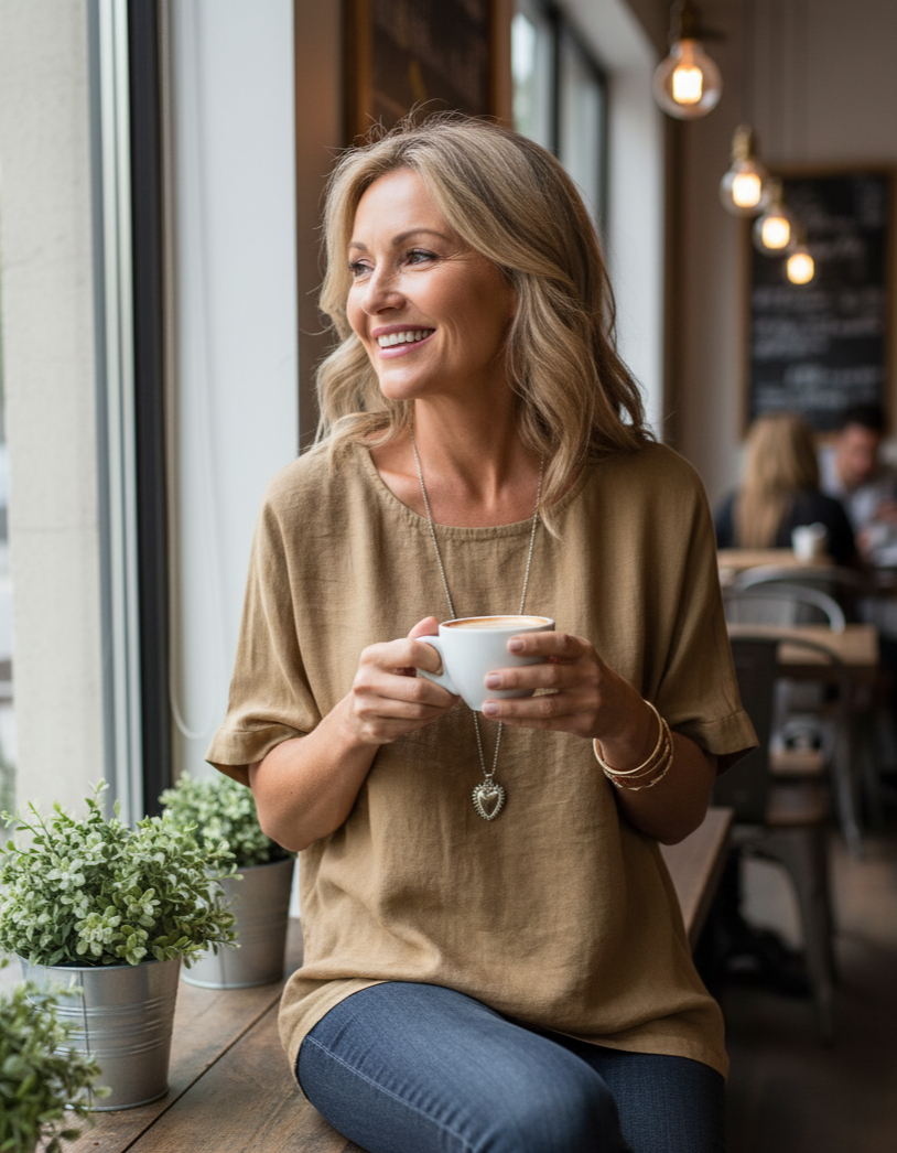 Woman holding a cup of coffee in a cozy cafe setting
